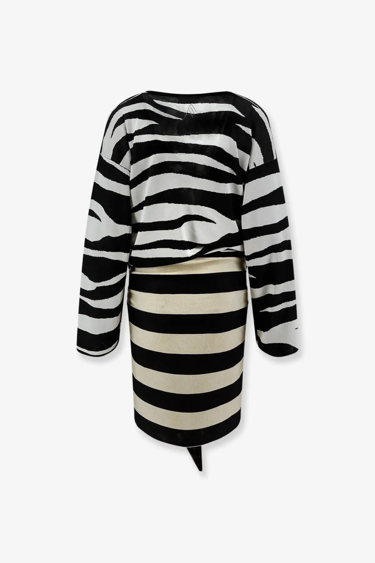 The Attico women’s black and white knit mini dress with zebra print top and striped skirt cinched at the waist