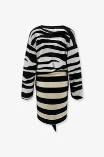 The Attico women’s black and white knit mini dress with zebra print top and striped skirt cinched at the waist
