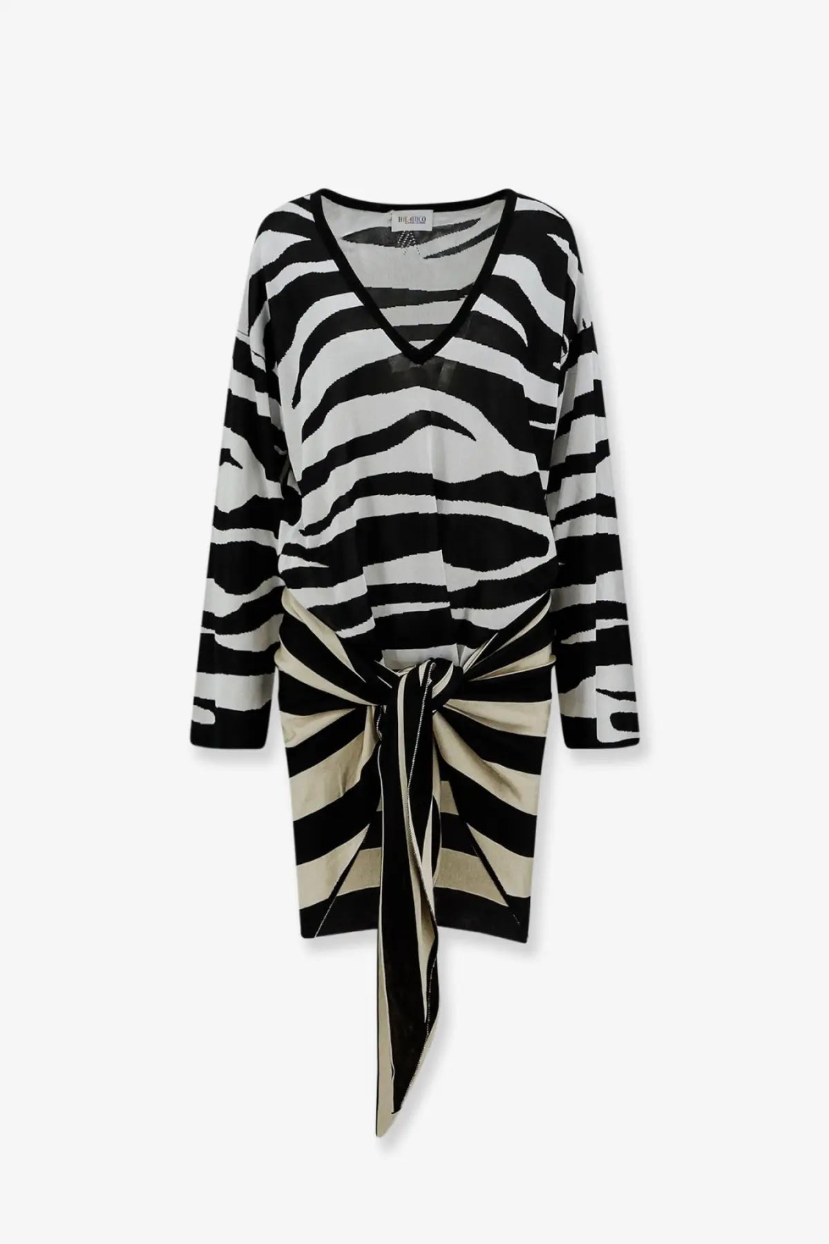 The attico women’s black and white zebra-striped knit mini dress with v-neck long sleeves and tied waistband