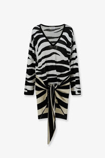 The attico women’s black and white zebra-striped knit mini dress with v-neck long sleeves and tied waistband
