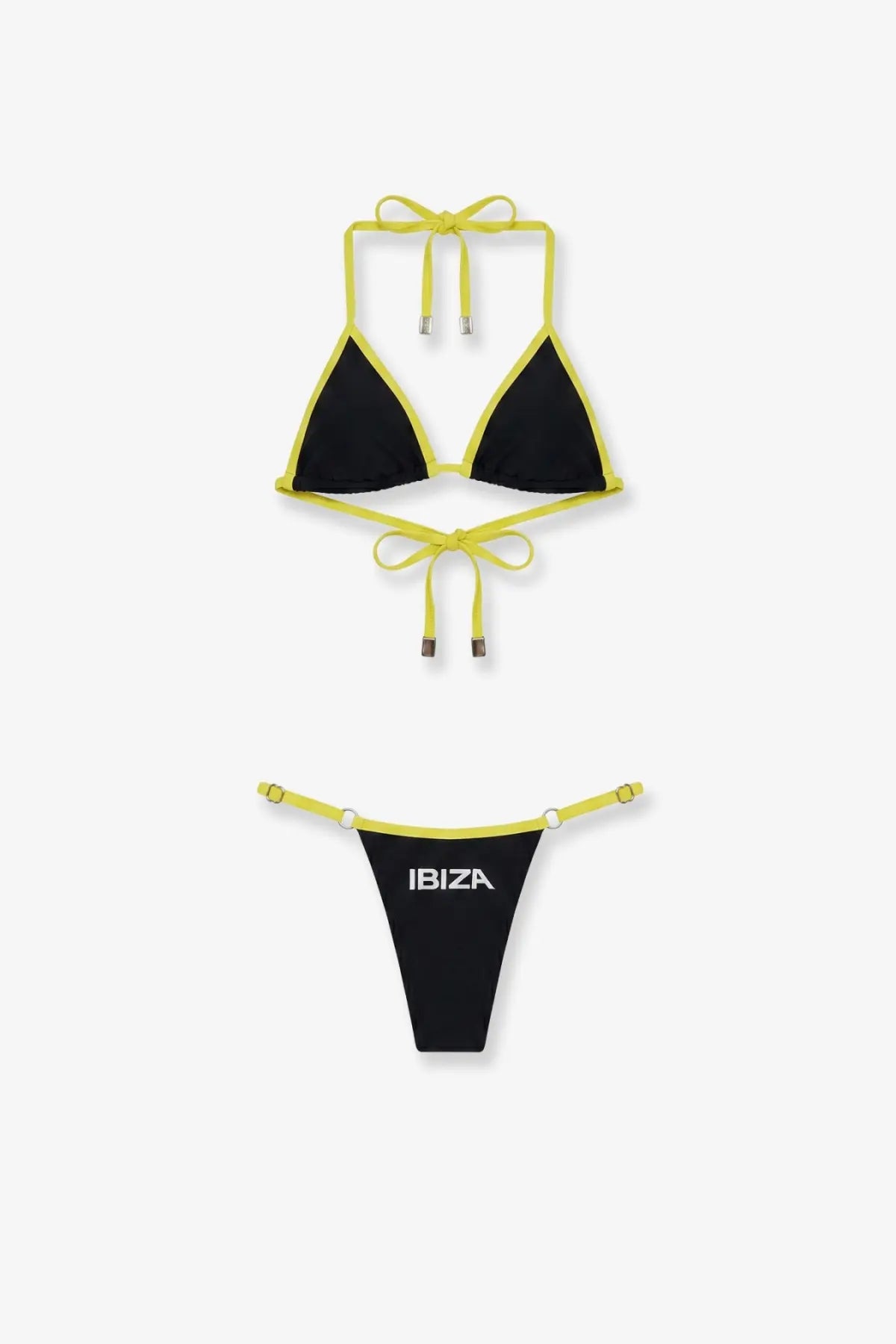 The Attico women’s black and neon yellow lycra halter top bikini with Ibiza branding on the thong shown from the back