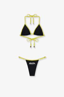 The Attico women’s black and neon yellow lycra halter top bikini with Ibiza branding on the thong shown from the back
