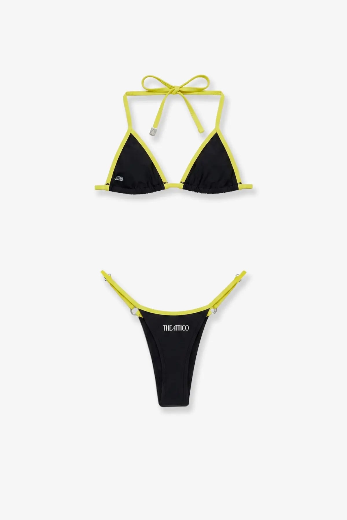 The Attico women’s black Lycra bikini set with neon yellow trim and adjustable ties featuring The Attico branding
