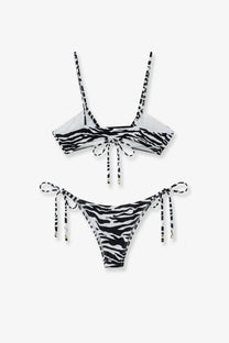 The attico women’s black il primo bagno lycra bikini set with zebra print thin straps and adjustable ties