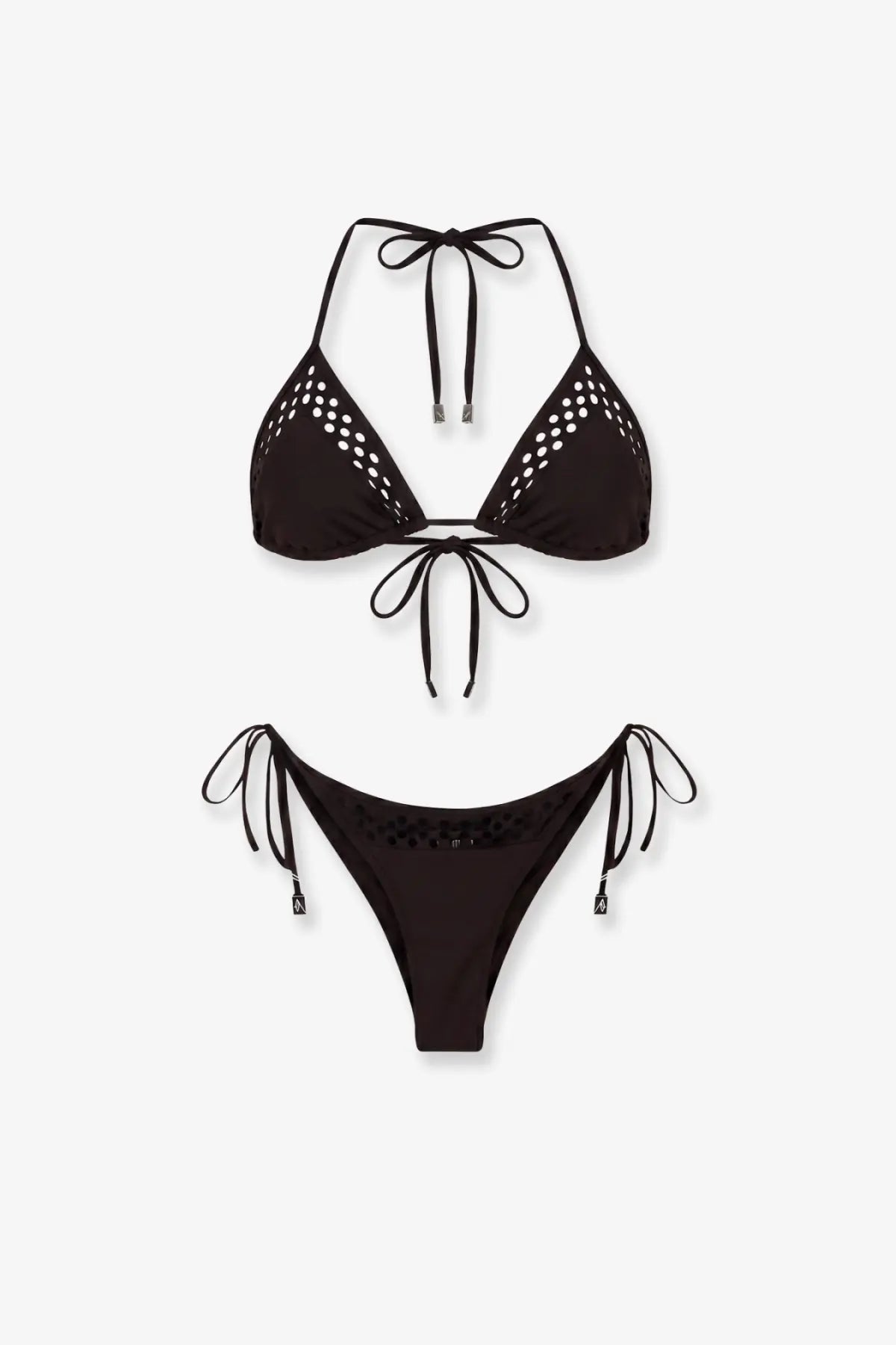 Black crochet triangle bikini set with adjustable ties and silver hardware by the attico in brown lycra