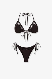 Black crochet triangle bikini set with adjustable ties and silver hardware by the attico in brown lycra