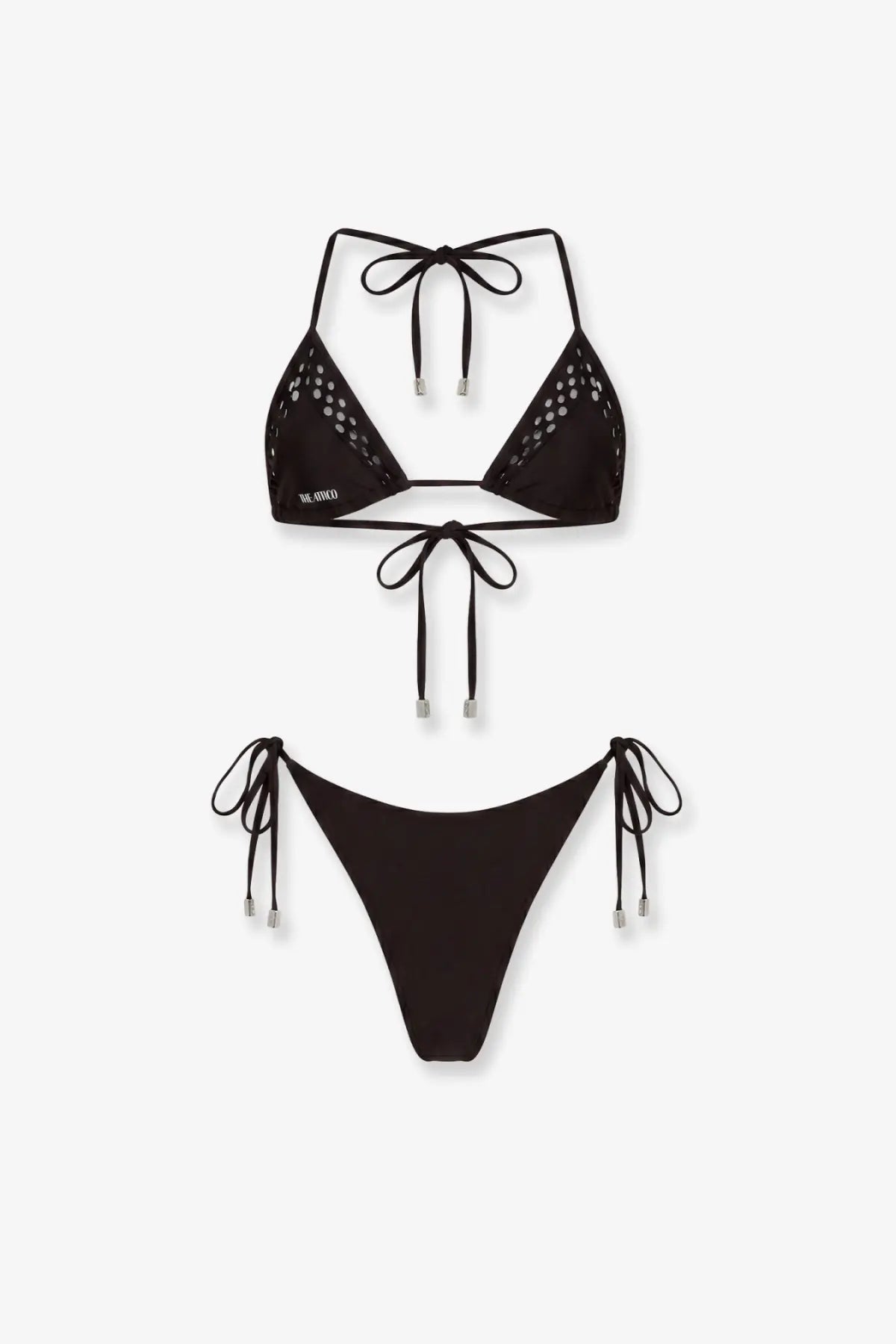 The attico women’s lycra bikini in brown features a black triangle top with lace-up ties and perforated detailing