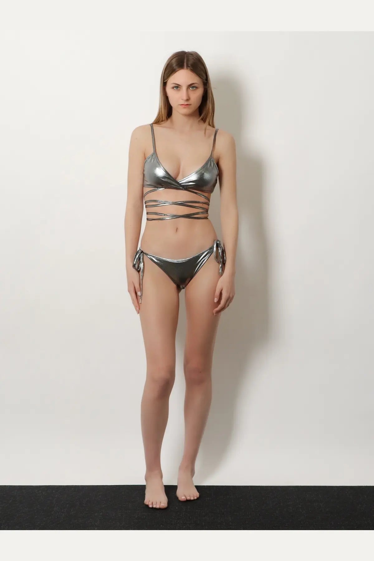 The Attico womens Il Primo Bagno silver lycra bikini with a shimmering metallic strappy top and tie-side bottoms