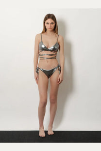 The Attico womens Il Primo Bagno silver lycra bikini with a shimmering metallic strappy top and tie-side bottoms