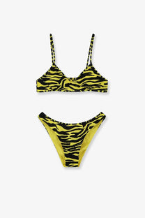 Bright yellow and black tiger-striped bikini set with thin straps from The Attico Il Primo Bagno lycra swimsuit