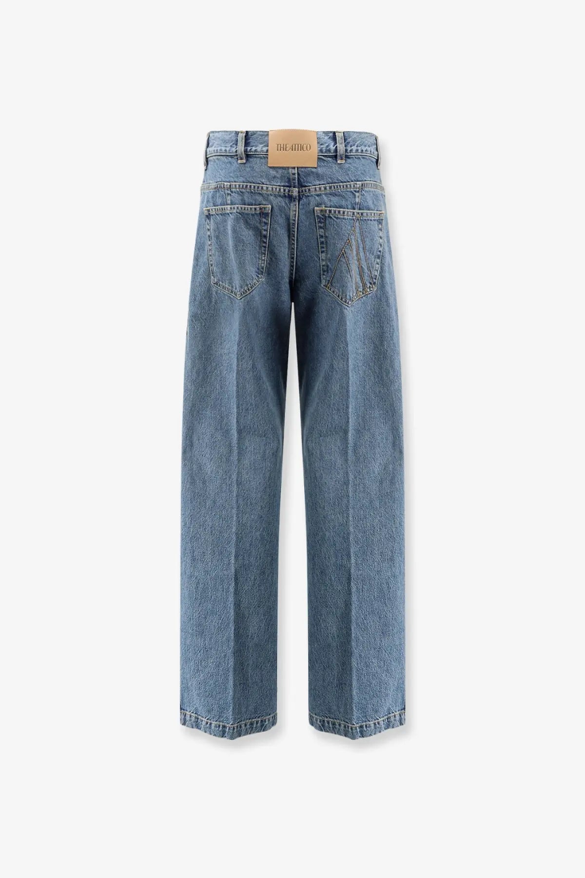 The back side of the attico women’s blue denim jeans with high waist wide legs classic pockets and leather brand tab