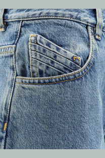 The attico women’s blue denim jeans back pocket with light yellow stitching and faded worn texture