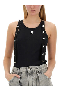 The Attico women’s black ribbed jersey tank top with silver button shoulder details and small white chest logo