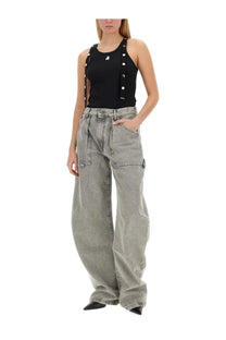 Wide-leg gray denim pants with relaxed fit and multiple pockets paired with the attico women’s black jersey tank top
