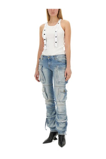 Light-wash denim cargo pants with multiple pockets and ruched lower legs paired with the attico white jersey tank top