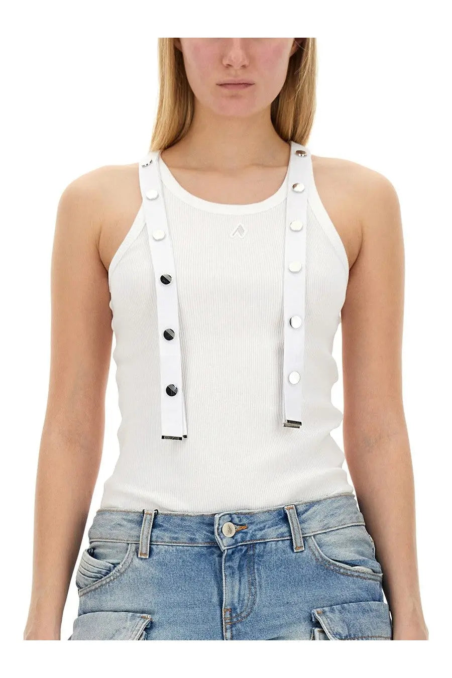 The attico women’s white ribbed jersey tank top with silver toned button straps perfect for casual wear