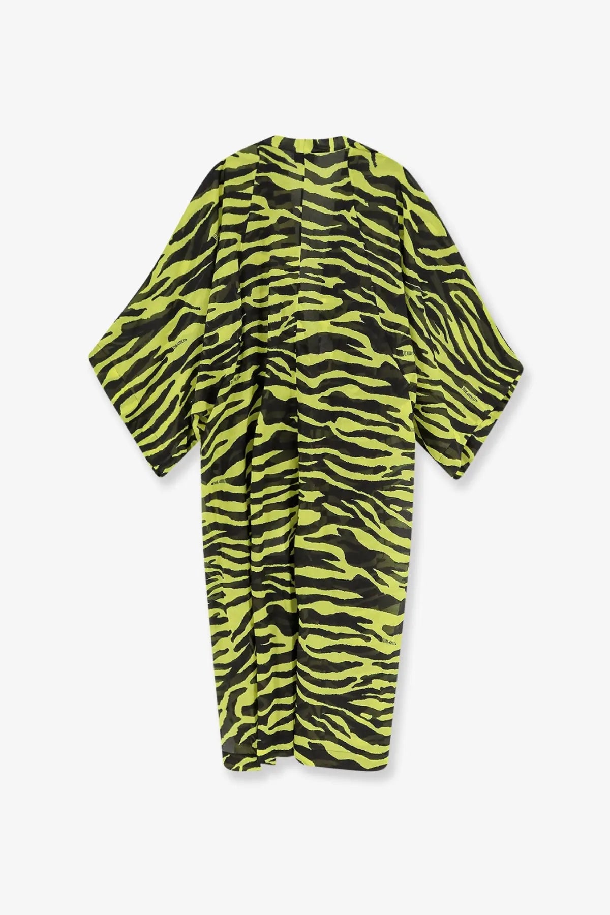 The Attico women’s kaftan cotton dress features a vibrant lime green and black zebra-striped kimono-style design with wide sleeves