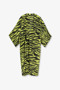 The Attico women’s kaftan cotton dress features a vibrant lime green and black zebra-striped kimono-style design with wide sleeves