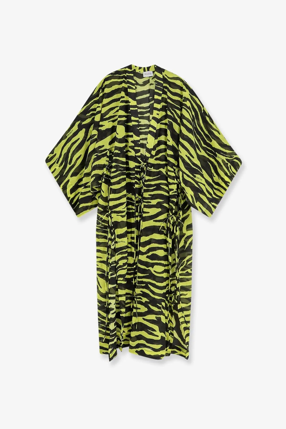 The attico women’s kaftan cotton dress in black features a vibrant neon green and black zebra-print kimono-style robe