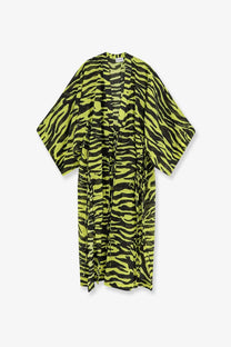 The attico women’s kaftan cotton dress in black features a vibrant neon green and black zebra-print kimono-style robe