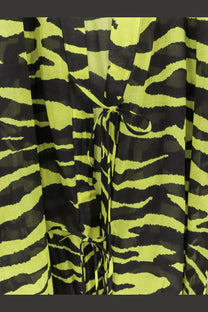 The Attico women’s kaftan cotton dress black features a vibrant neon green and black zebra-striped kimono with tie-front closure