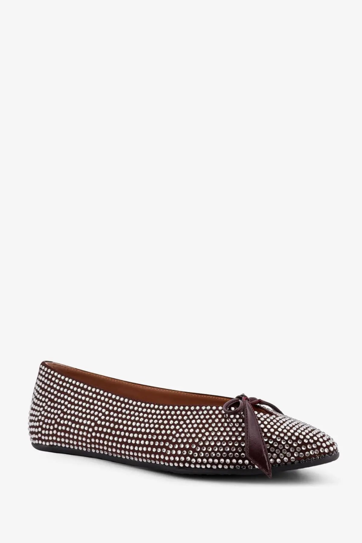 The Attico women’s Kali satin ballerinas are dark burgundy flat shoes with sparkling rhinestones and a toe bow