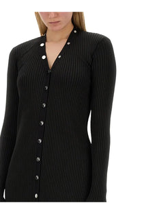 The attico women’s black ribbed knit cardigan dress features silver toned buttons down the front