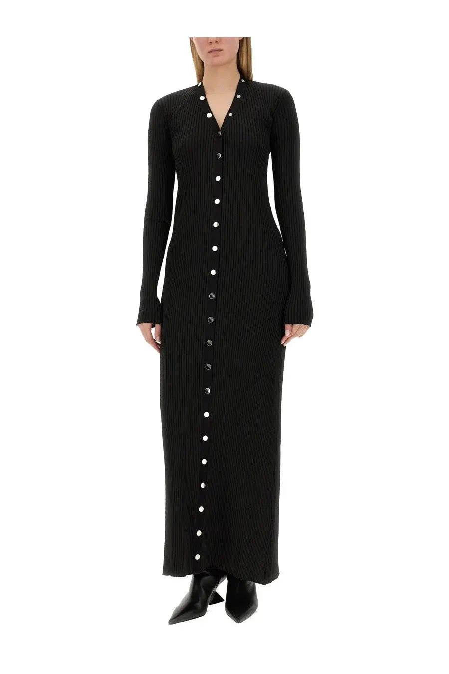 The Attico womens black ribbed knit long sleeve dress with front button closure and silver toned buttons
