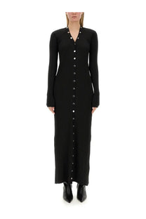 The Attico women’s knit dress black is a ribbed long-sleeved button-down dress with silver-toned buttons