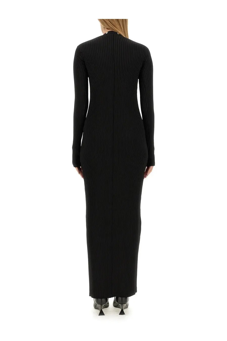 The attico women’s black ribbed knit long-sleeved maxi dress shown from the back side