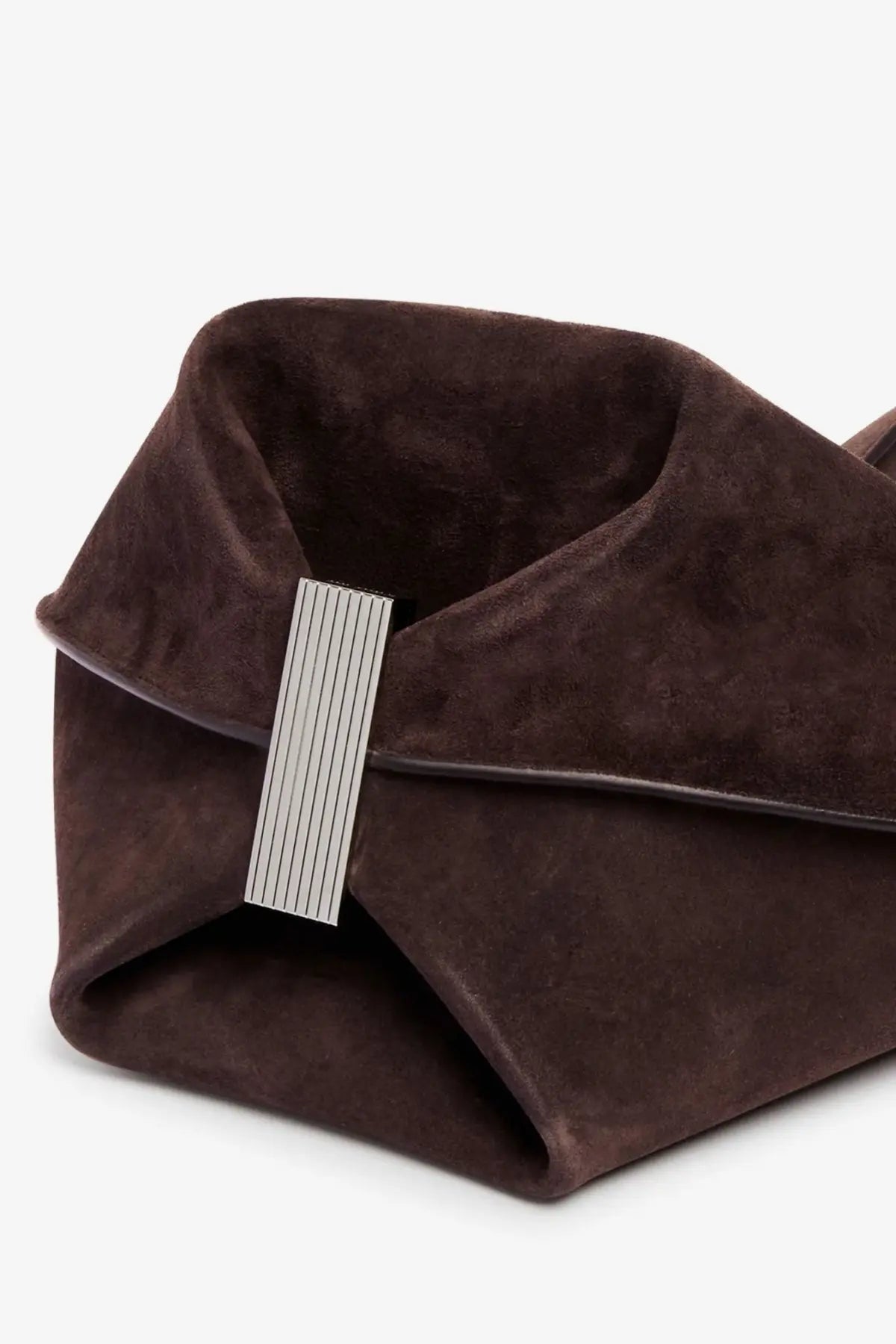 The Attico women’s la scoop brown suede shoulder bag with a sleek silver-toned rectangular clasp featuring vertical grooves