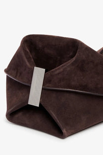 The Attico women’s la scoop brown suede shoulder bag with a sleek silver-toned rectangular clasp featuring vertical grooves