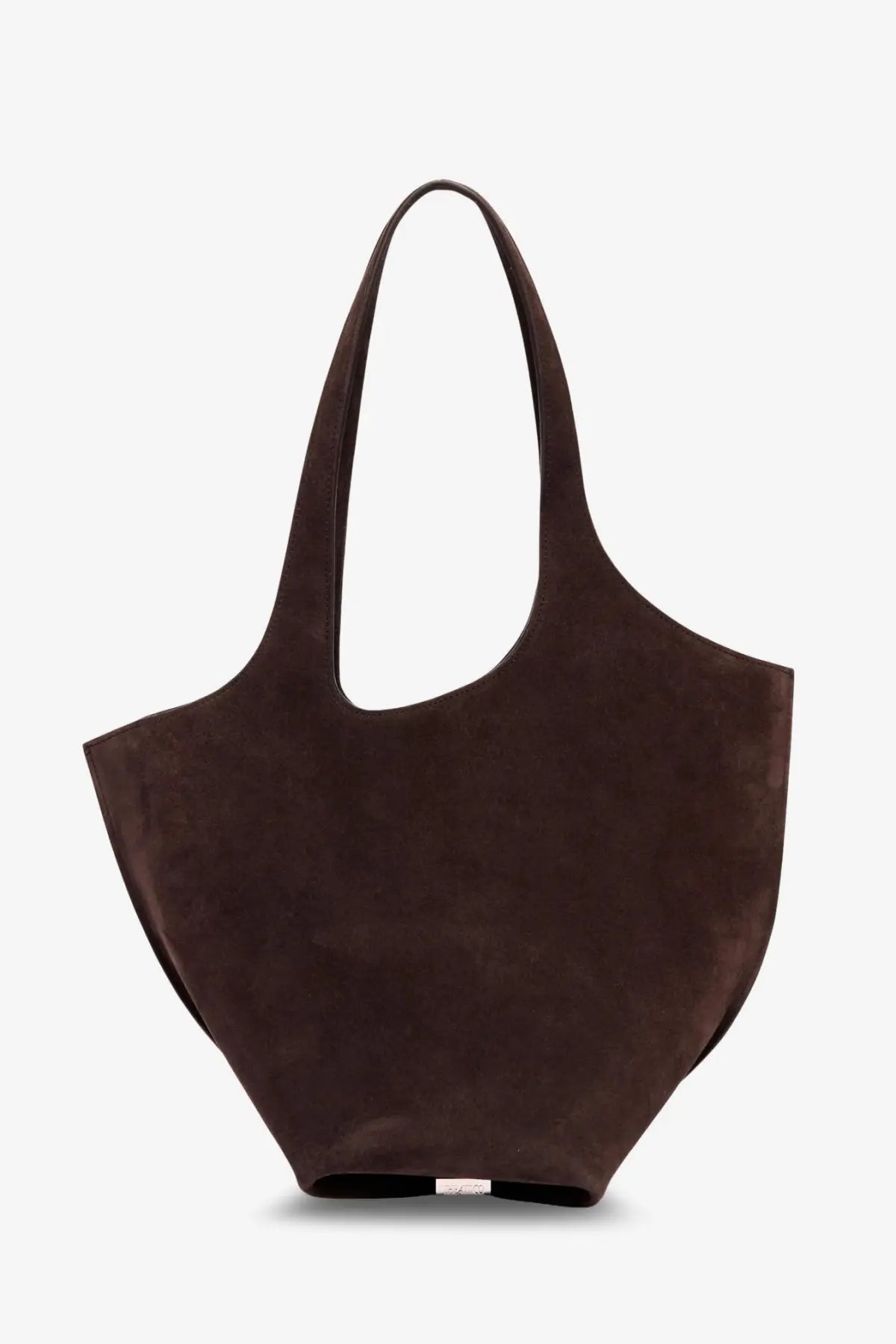 A sleek dark brown suede tote bag with minimalist design and slender handles from The Attico women’s collection