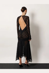 The attico women’s black lace dress with long sleeves and a backless design shown from the back side