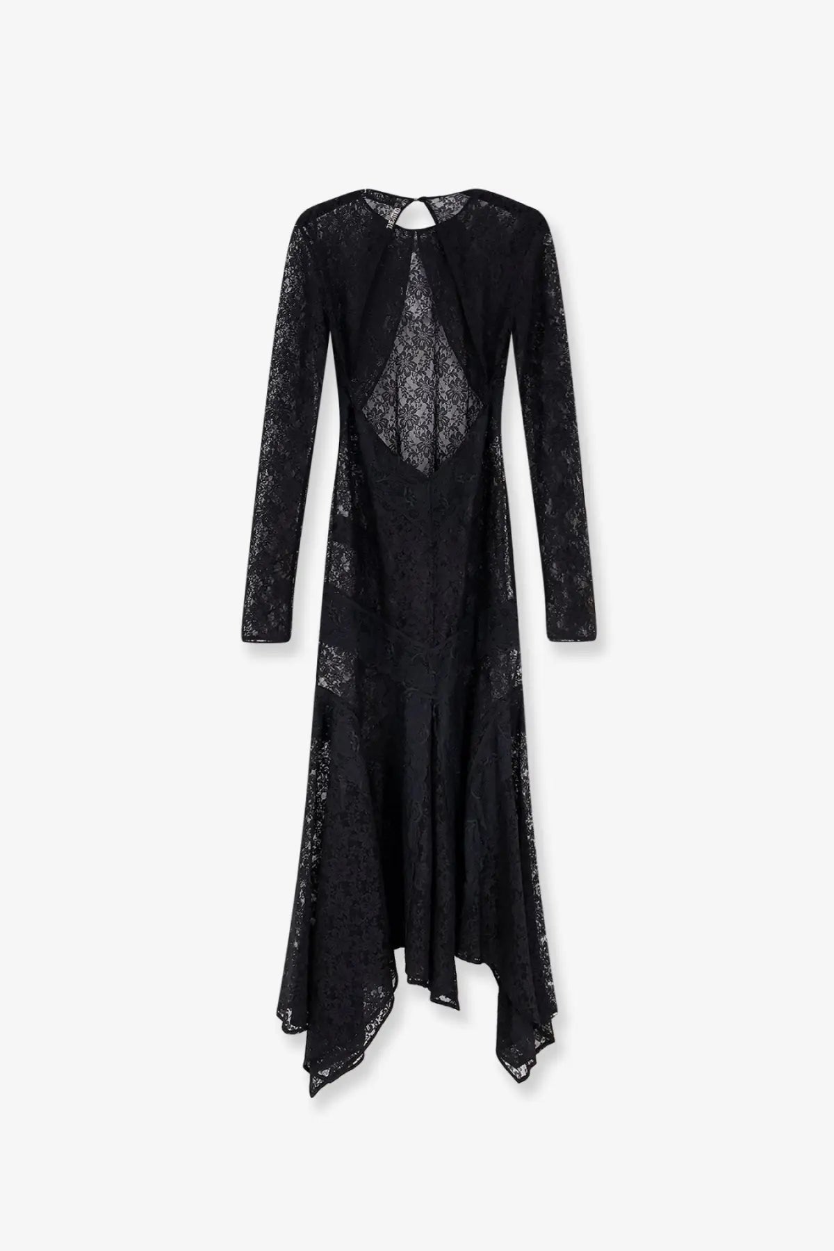 The Attico women’s black lace dress features long sleeves and an asymmetrical hemline for elegant wear