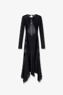 The Attico women’s black lace dress features long sleeves and an asymmetrical hemline for elegant wear