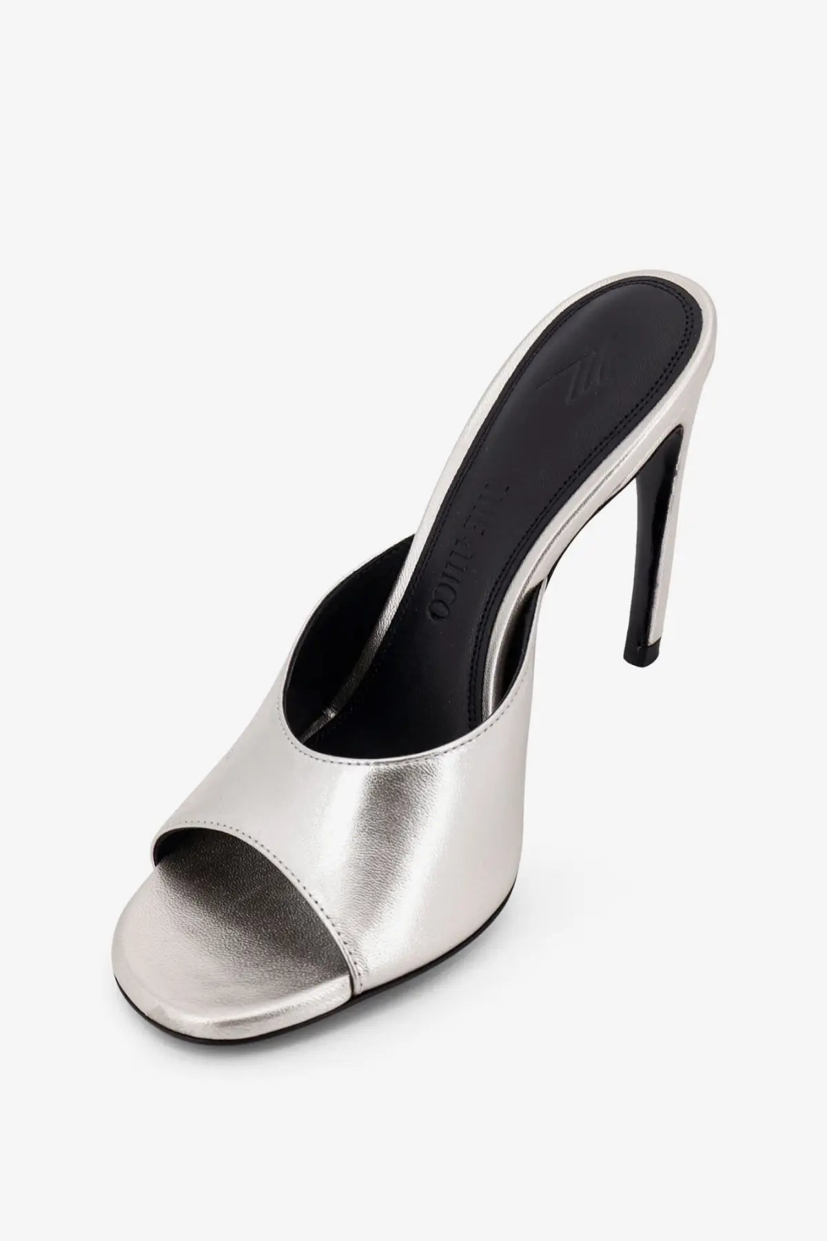 The attico women’s laminated leather betta sandals silver with sleek silver metallic mule heel and black insole