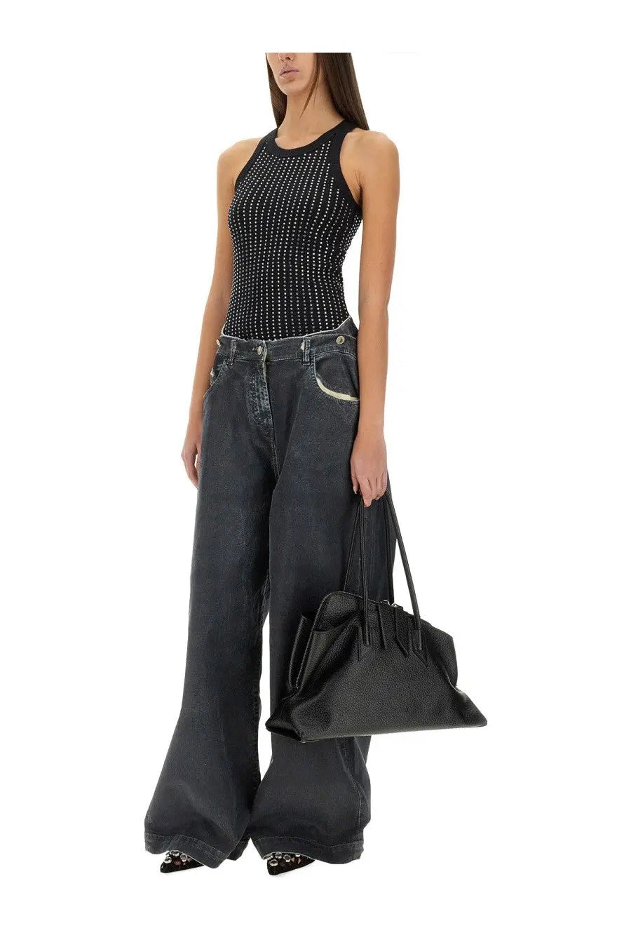 Black textured leather handbag with structured silhouette and top handles for the attico women’s long pants navy blue grey collection