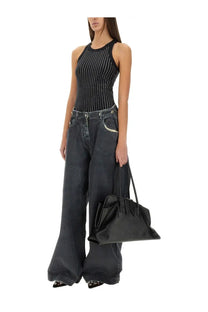 Black textured leather handbag with structured silhouette and top handles for the attico women’s long pants navy blue grey collection