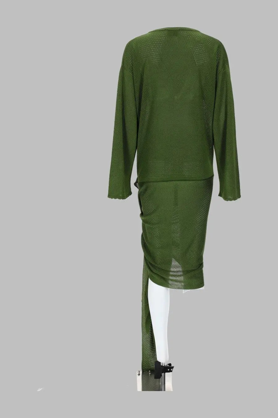 The attico women’s olive green mesh two-piece outfit features long sleeves and a high slit skirt in viscose