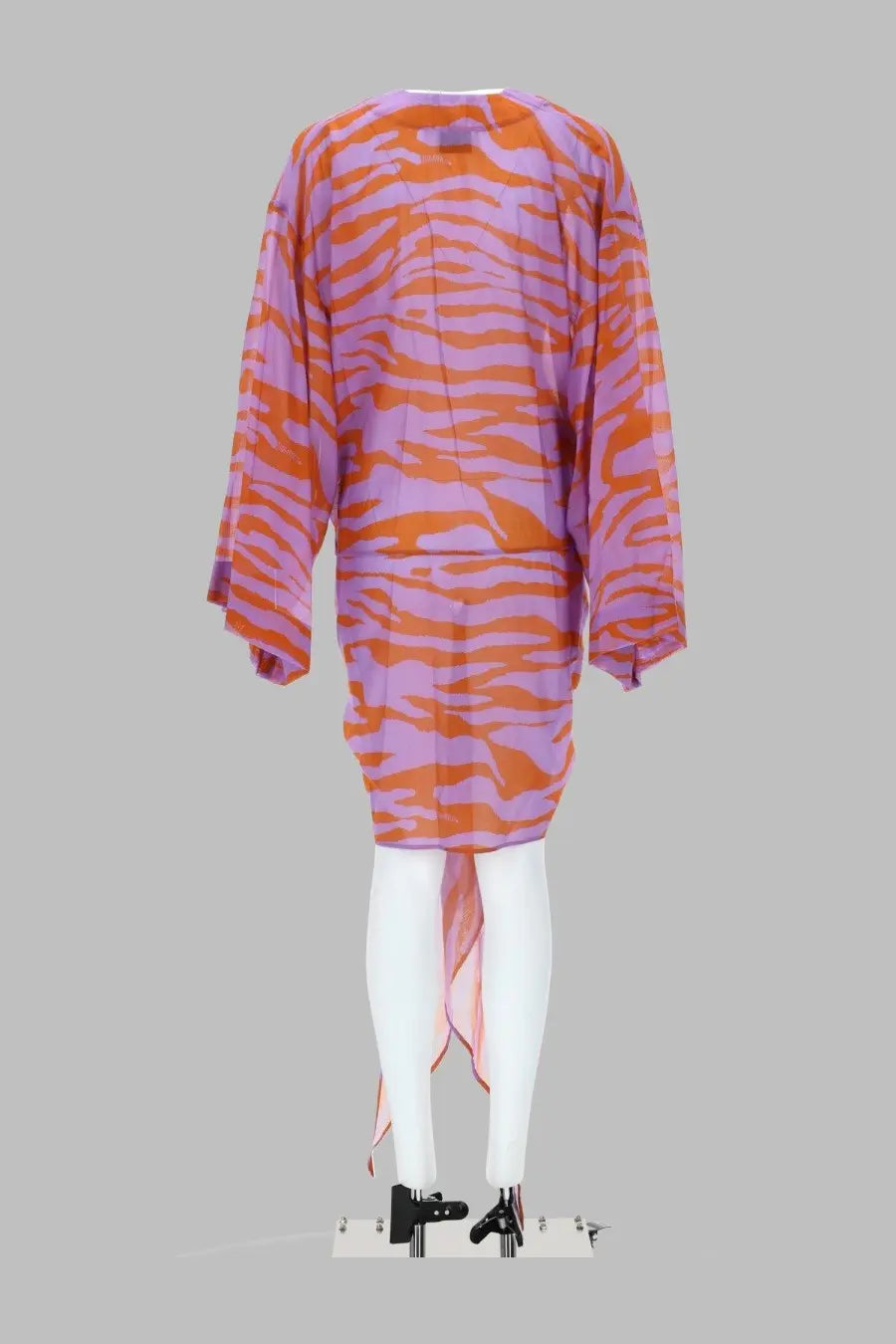 The Attico women’s mini abito wrap dress in vibrant orange and lavender tiger stripe long-sleeved flowy fabric
