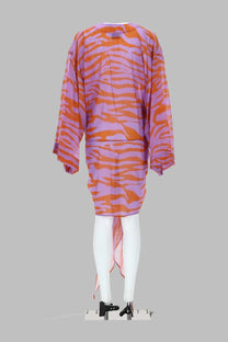 The Attico women’s mini abito wrap dress in vibrant orange and lavender tiger stripe long-sleeved flowy fabric