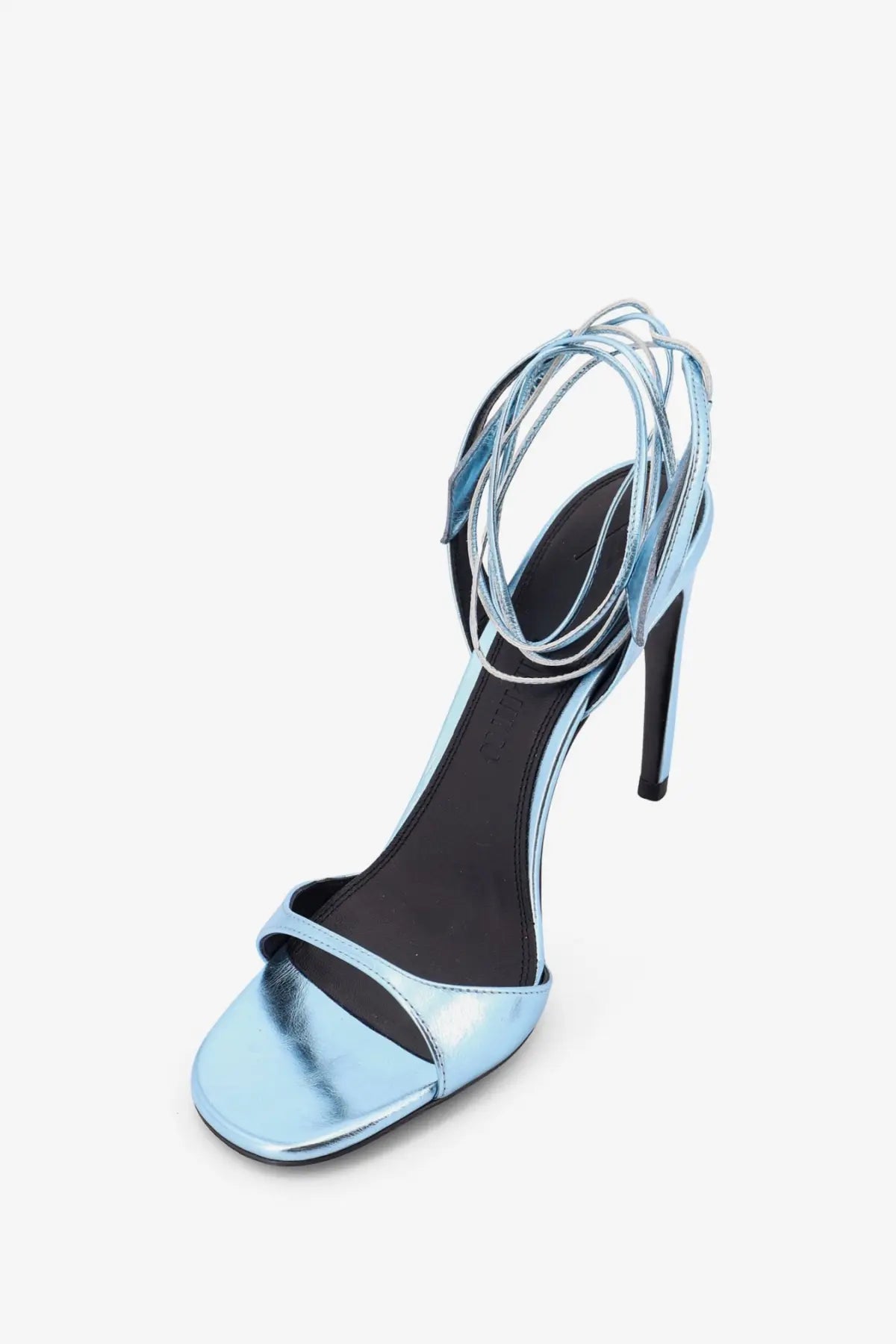 The Attico women’s Ora satin sandals blue feature sleek light blue metallic high heels with thin straps and ankle wrap design