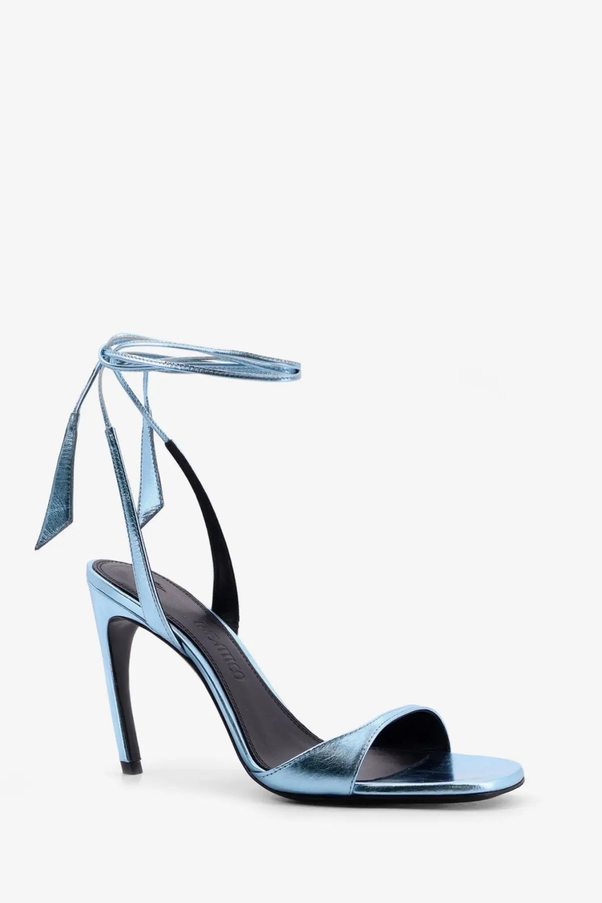 The attico women’s ora satin sandals are sleek metallic light blue high-heeled sandals with a slender ankle strap and black insole