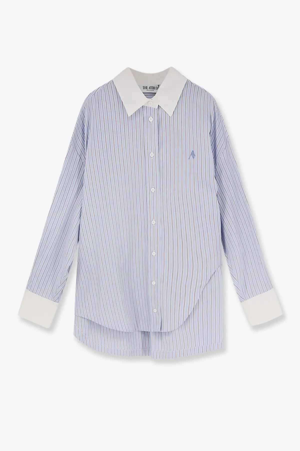 The Attico women’s oversize striped cotton shirt in light blue and white with cream collar and embroidered chest