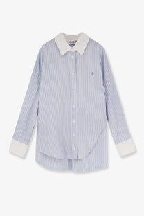 The Attico women’s oversize striped cotton shirt in light blue and white with cream collar and embroidered chest