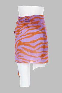 The attico women’s pareo multicolor tiger-striped wrap skirt in sheer orange and lavender fabric tied at the waist