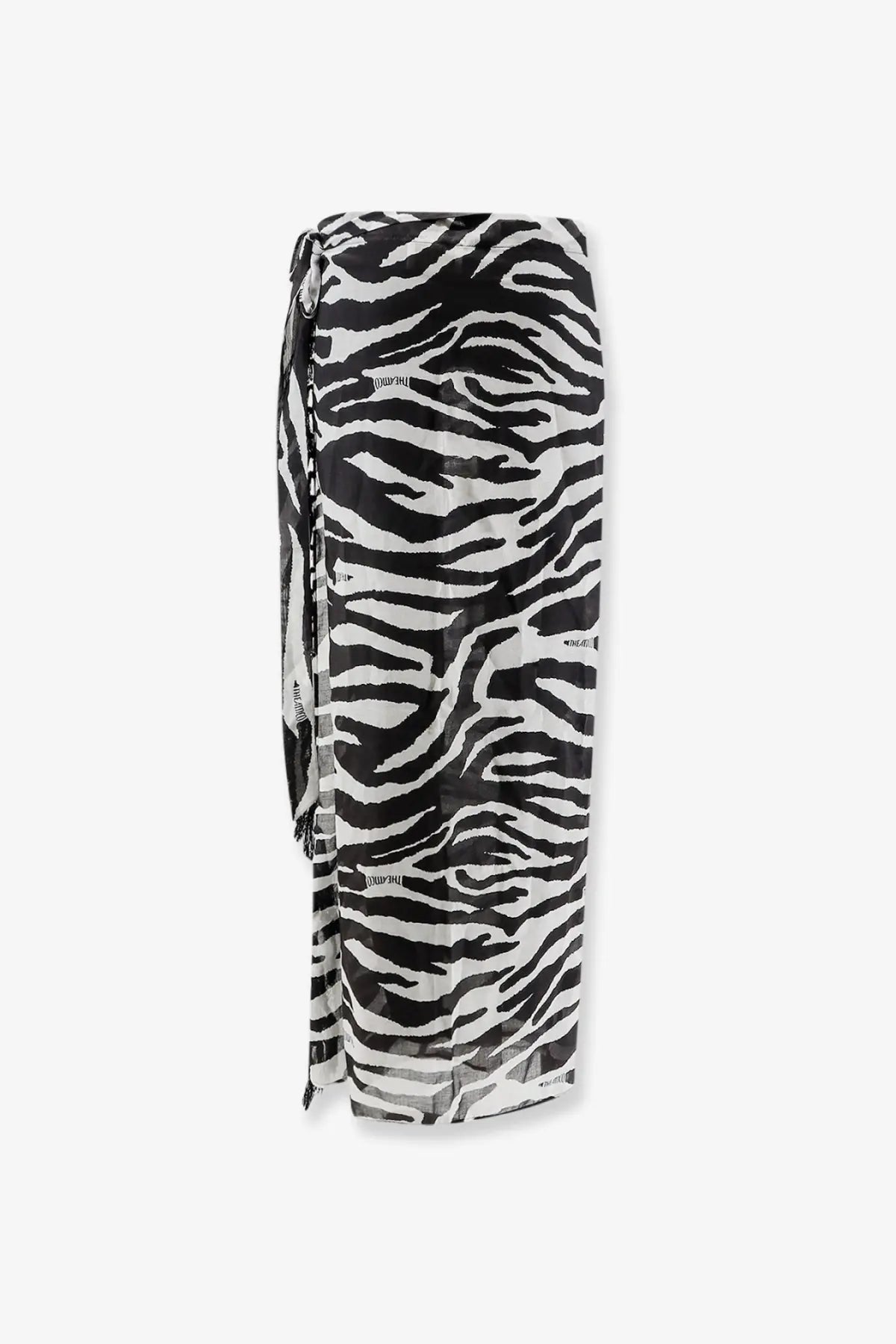 The Attico women’s pareo cotton skirt in black features a lightweight flowing zebra-print wrap style
