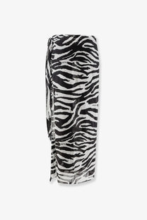 The Attico women’s pareo cotton skirt in black features a lightweight flowing zebra-print wrap style