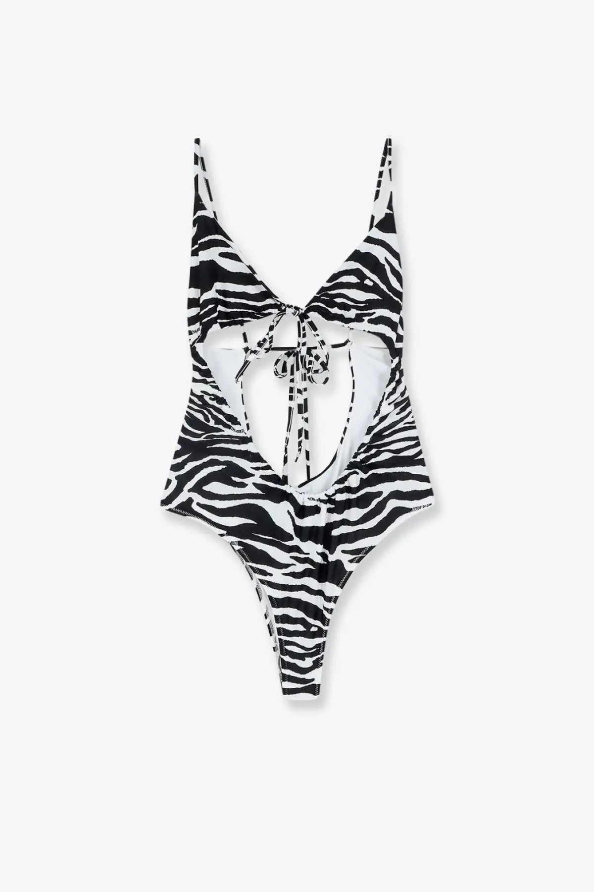 The Attico women’s one piece swimsuit in black and white zebra print with thin straps and tied front detail